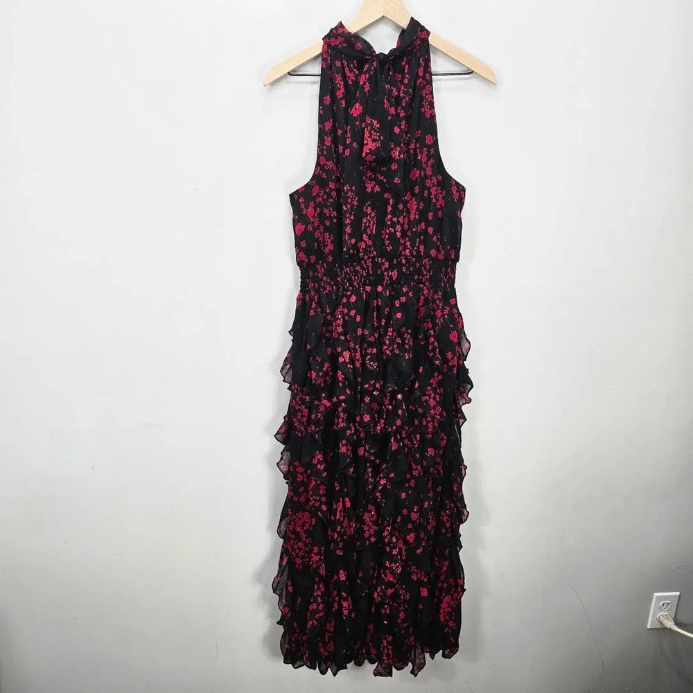 Ruffle Halter Maxi Dress L Black Red Floral Embellished Whimsigoth Fairy HOCO